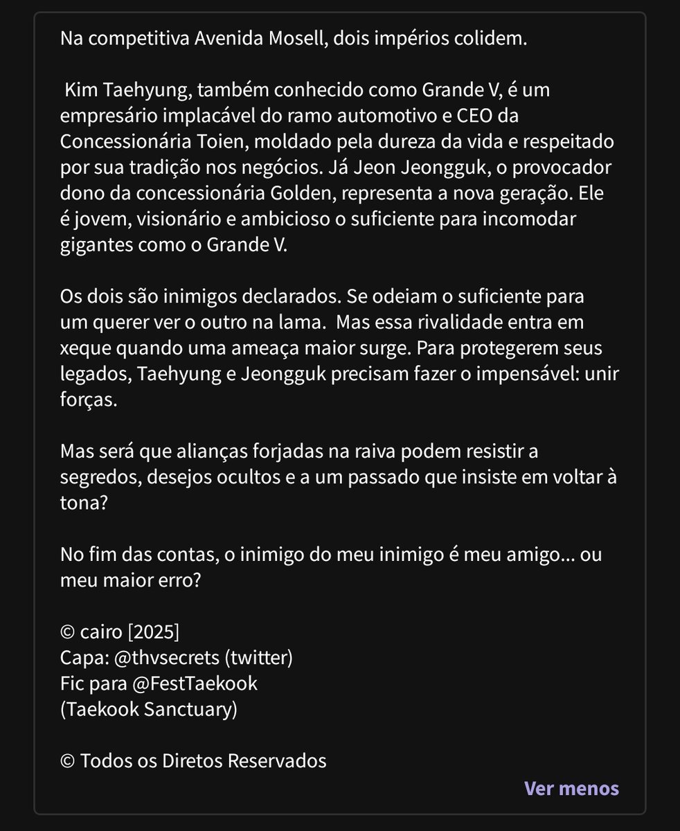 ⌚️ Still Against You

 ✮ 5 capítulos | em andamento.
 ✮ smut.
 ✮ TH &amp; JK CEOs.
 ✮ CEO au, mind games, age gap, rivalidade, mercado automotivo, corridas.

☆ por <a href="/vantesgod/">cairo</a>

🔗 wattpad.com/story/40097188…