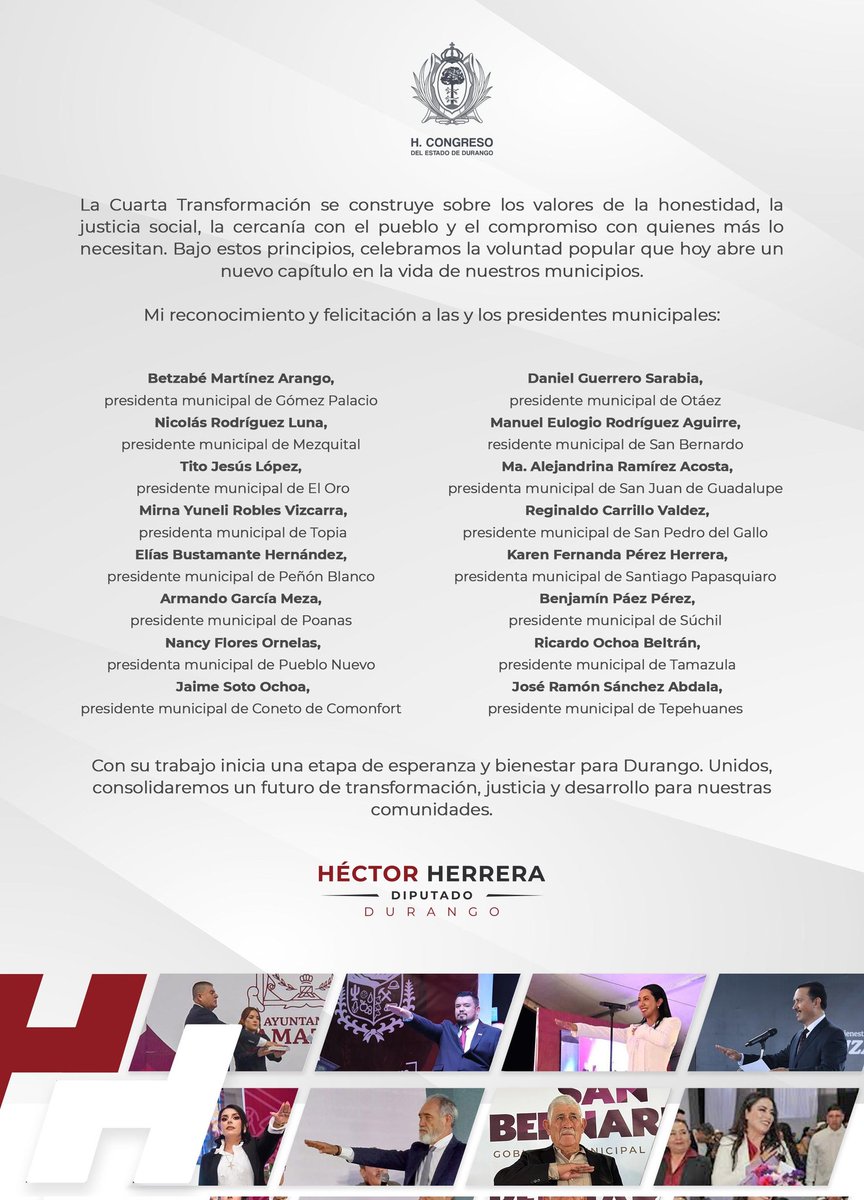 Mi reconocimiento y felicitación a todas y todos los alcaldes del PVEM–Morena que inician este nuevo capítulo en la vida de nuestros municipios.

Desde el Congreso del Estado reitero mi compromiso de trabajar en unidad para que las comunidades de Durango avancen con justicia,