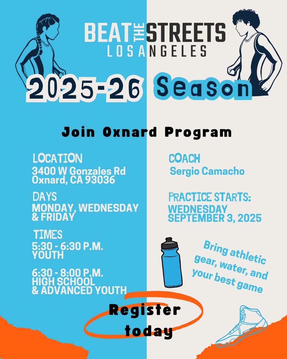 🚨 OXNARD, LET’S GO! 🚨 Free youth wrestling is back at Oxnard High School starting Sept 3rd 🤼🔥
  📍 Oxnard High School (3400 W Gonzales Rd, Oxnard, CA 93036) 
📅 Mon/Wed/Fri ⏰ 5:30–6:30 PM (Kids) ⏰ 6:30–8:00 PM (High School &amp; Advanced Youth)
