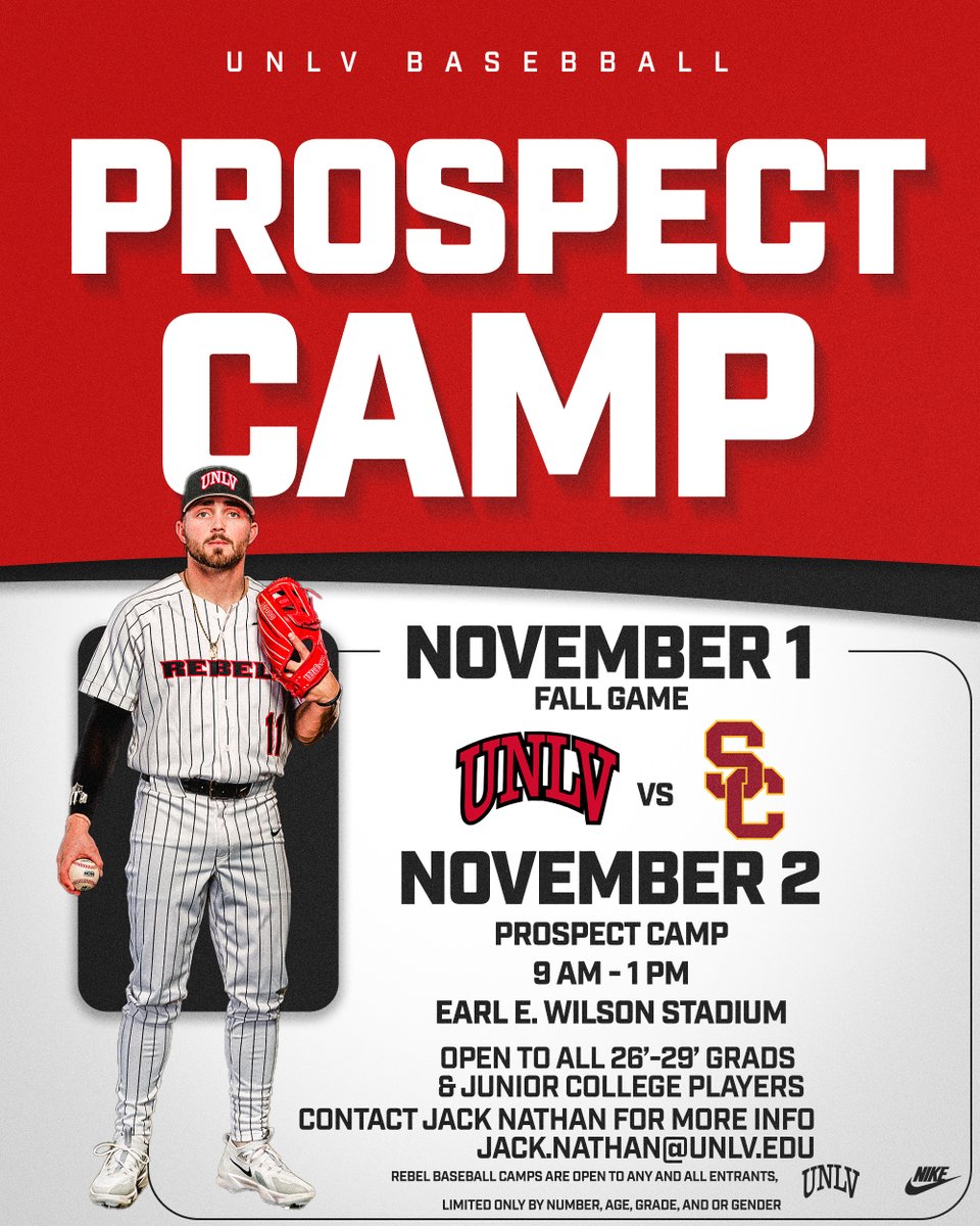 UNLV Baseball βΎοΈ (@unlvbaseball) on Twitter photo π₯ ππ§π§ππ‘π§ππ’π‘ ππ¨π§π¨π₯π π₯πππππ¦ π₯
Prospect Camp is coming up!
Open to all 2026-2029 grads & JUCO players. Donβt miss your chance to showcase your skills and learn from our staff!
π Register: tinyurl.com/2ueb7zp9
#BEaREBEL π₯ ππ§π§ππ‘π§ππ’π‘ ππ¨π§π¨π₯π π₯πππππ¦ π₯
Prospect Camp is coming up!
Open to all 2026-2029 grads & JUCO players. Donβt miss your chance to showcase your skills and learn from our staff!
π Register: tinyurl.com/2ueb7zp9
#BEaREBEL