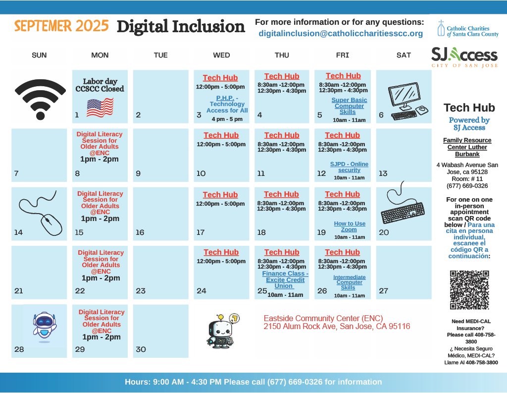 CatholicCharSCC's tweet image. Check out the September 2025 calendar of free digital inclusion classes! Whether you need to use a computer, learn new skills, or get help with internet access, we've got you covered.
#DigitalInclusion #CommunityTech #SanJose #DigitalSkills #techhub