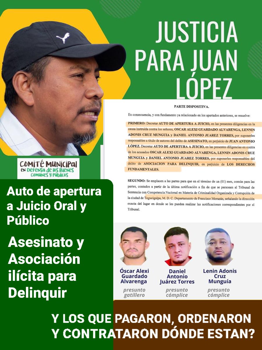 #Alerta #CasoJuanLopez 

‼️Juez resuelva elevar caso a juicio oral y público por asesinato y asociación ilícita contra Oscar Alexi Guardado Alvarenga, Daniel Antonio Juárez Torres y Lenin Adonis Cruz Munguía. Y los Intelectuales para cuando? <a href="/johelzelaya/">JAZA</a>

¡Exigimos justicia ya!