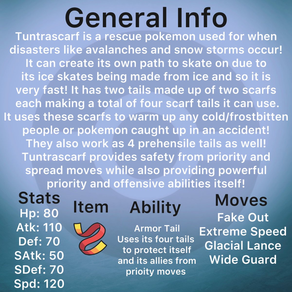 PKCryokinesis's tweet photo. This is Tuntrascarf, the first normal/ice type mon and my submission for the #FT500 tournament! Its an evolution for a regional form ice type aipom I doodled!
Tuntrascarf=Tundra + Tetra + Scarf
I got the art comissioned by santana_drawings on instagram!
@n0rtist #Fakemon #Pokemon https://t.co/zaZp7PY0tU