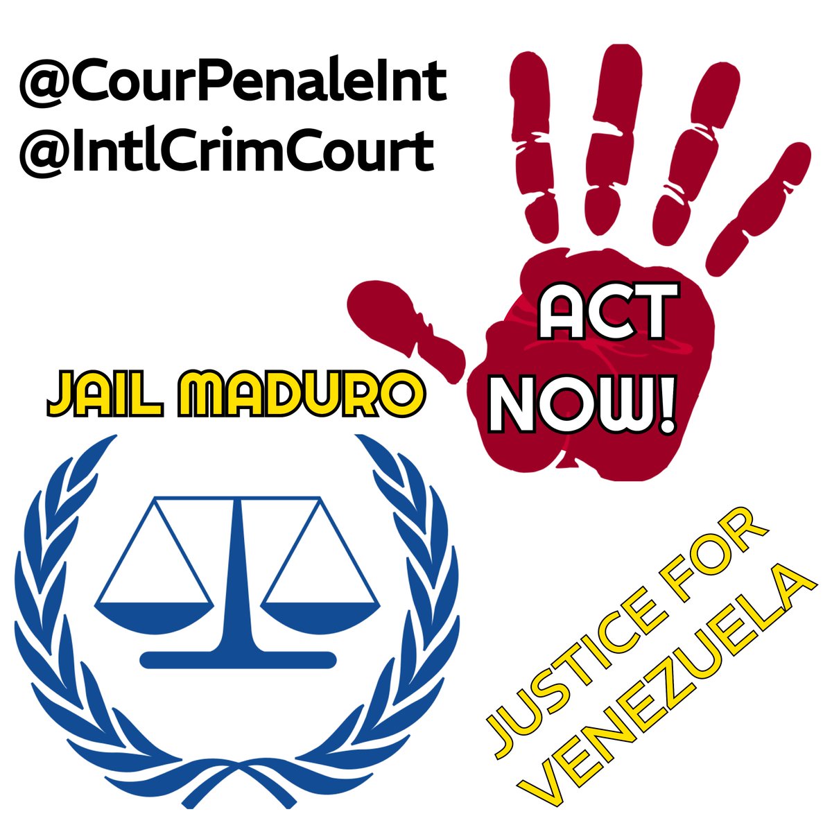 <a href="/CourPenaleInt/">CPI-Cour pénale int.</a> 
<a href="/IntlCrimCourt/">Int'l Criminal Court</a> 
<a href="/MagalliMeda/">MAGALLI MEDA</a> 
<a href="/GastonLevar/">Gaston Levar</a> 
<a href="/ChacoCma/">CHACO</a>
Almost a decade WAITING while Maduro and its terrorists keeps murdering, kidnapping and torturing.  Every single hour hundreds of Venezuelans are becoming victims. YOU MUST ACT NOW!