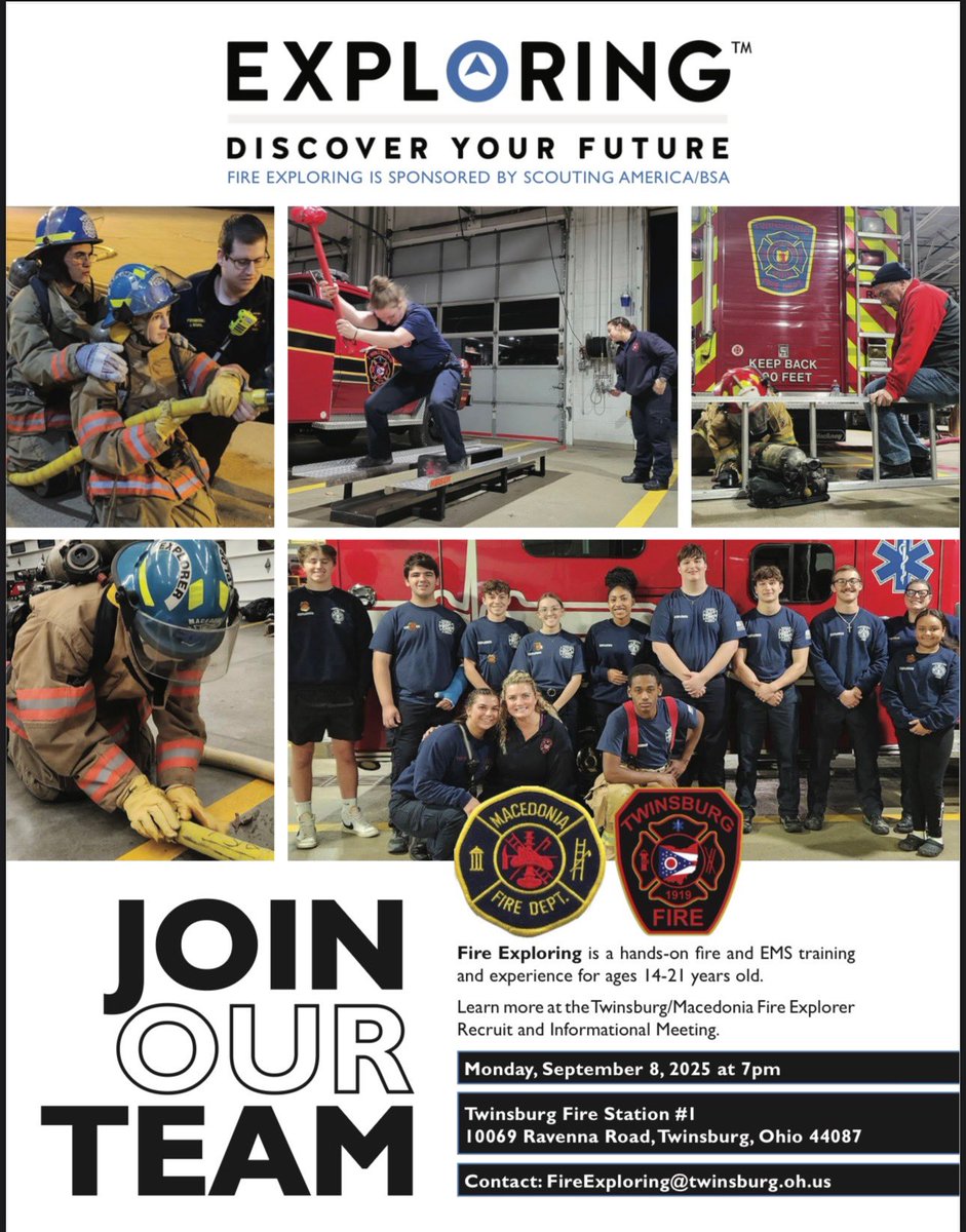 ￼￼ Ready to explore your future? ￼￼
Join our Fire Explorers and get hands-on experience with Fire &amp; EMS!
For ages 14–21, it’s your chance to learn, lead, and make a real difference in your community.
￼See the flyer below for the time and place of our informational meeting.