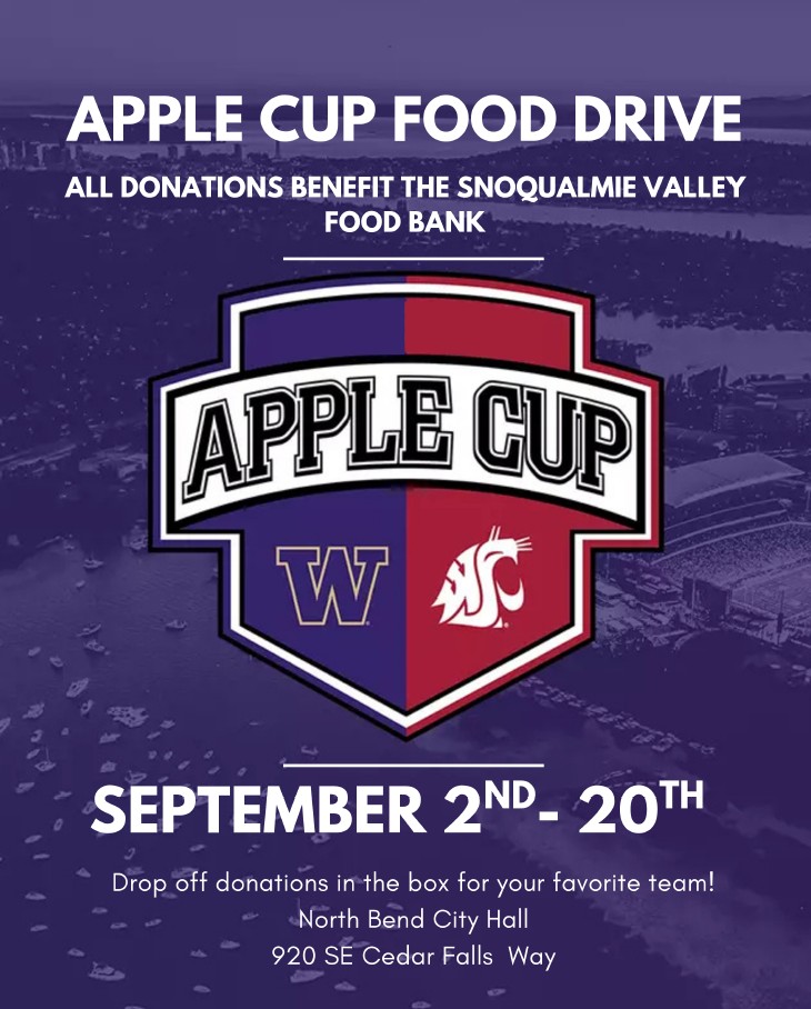 In the spirit of the historic Apple Cup tradition, we are gearing up for the big game Sept. 20…but this year, North Bend is adding a new feature to the friendly competition: an 𝐀𝐩𝐩𝐥𝐞 𝐂𝐮𝐩 𝐅𝐨𝐨𝐝 𝐃𝐫𝐢𝐯𝐞 to benefit Snoqualmie Valley Food Bank: bit.ly/4pbyD63.