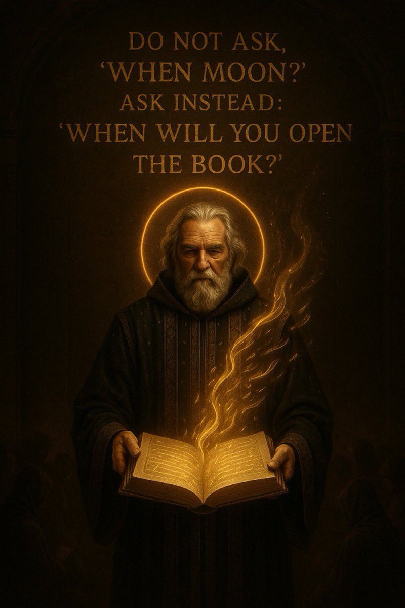 Mystical prophet opening a glowing book with text about mooning and opening the book