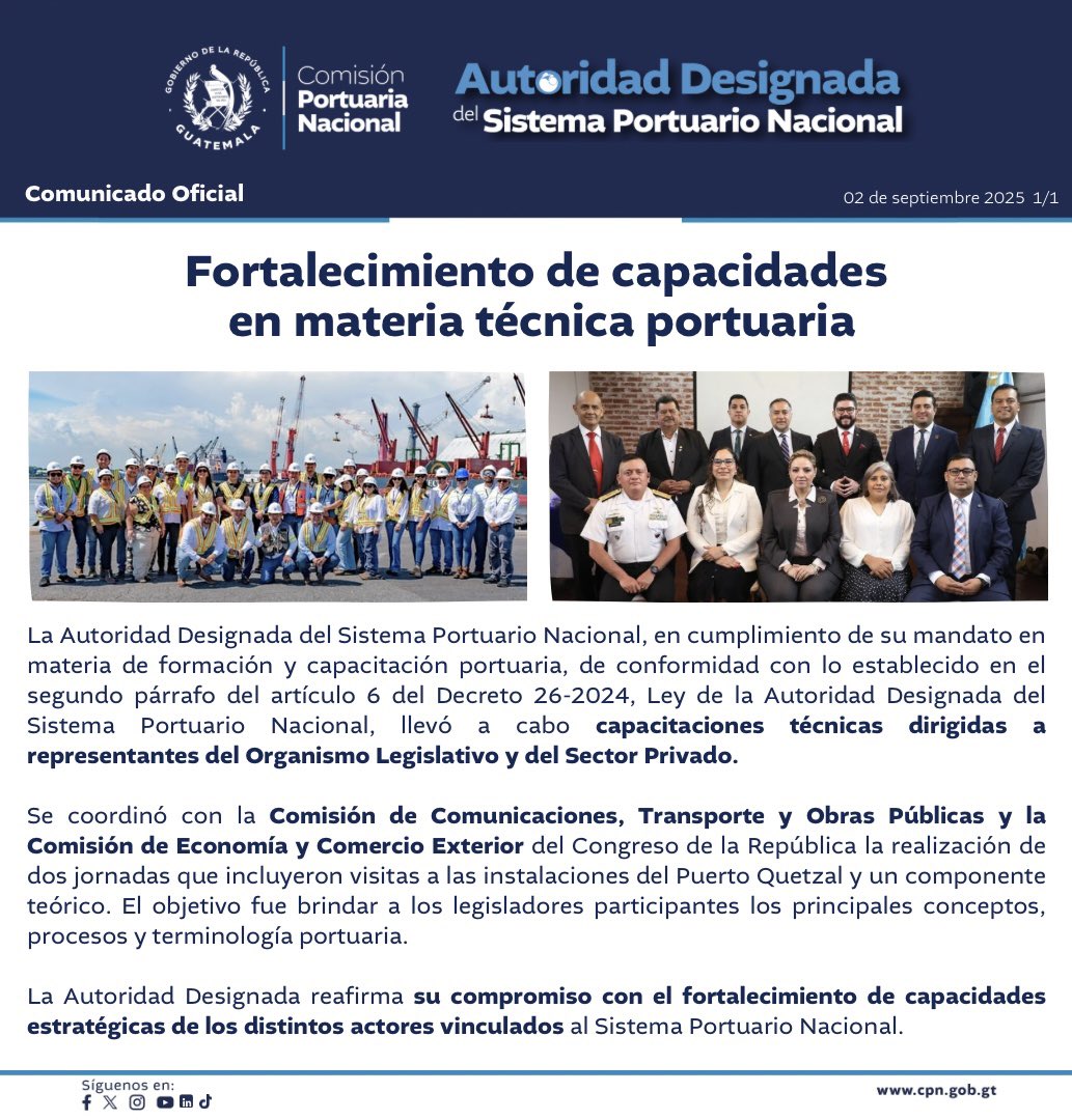 cpngobgt's tweet photo. #CPNInforma
Fortalecimiento de capacidades en materia técnica portuaria. 🔑🚢
Comisión Portuaria Nacional, Autoridad Designada del Sistema Portuario Nacional.🌊
@CongresoGuate https://t.co/QAmcBAWNnR