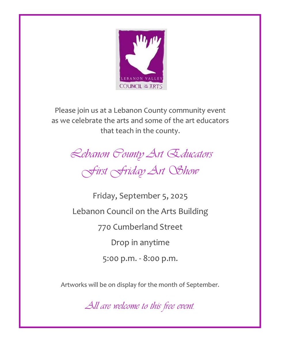 First Friday is kicking off the new school year with the Lebanon County Art Educators Art Show. If you can’t stop in this Friday, stop in any day LVCA is open. <a href="/CLSD_Schools/">Cornwall-Lebanon SD</a> <a href="/DrRackleyCLSD/">Mariah Rackley, Ed.D.</a>