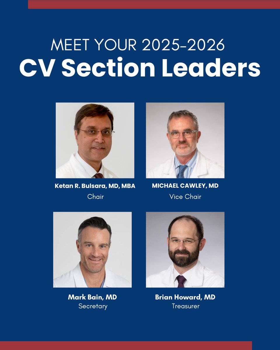 cvsection's tweet image. Excited to announce the 2025–2026 CV Section Officers! 🎉 Ketan Bulsara, MD, MBA, Michael Cawley, MD, @bainmd, @BrianHoward_MD

#CVSection #Neurosurgery #Cerebrovascular