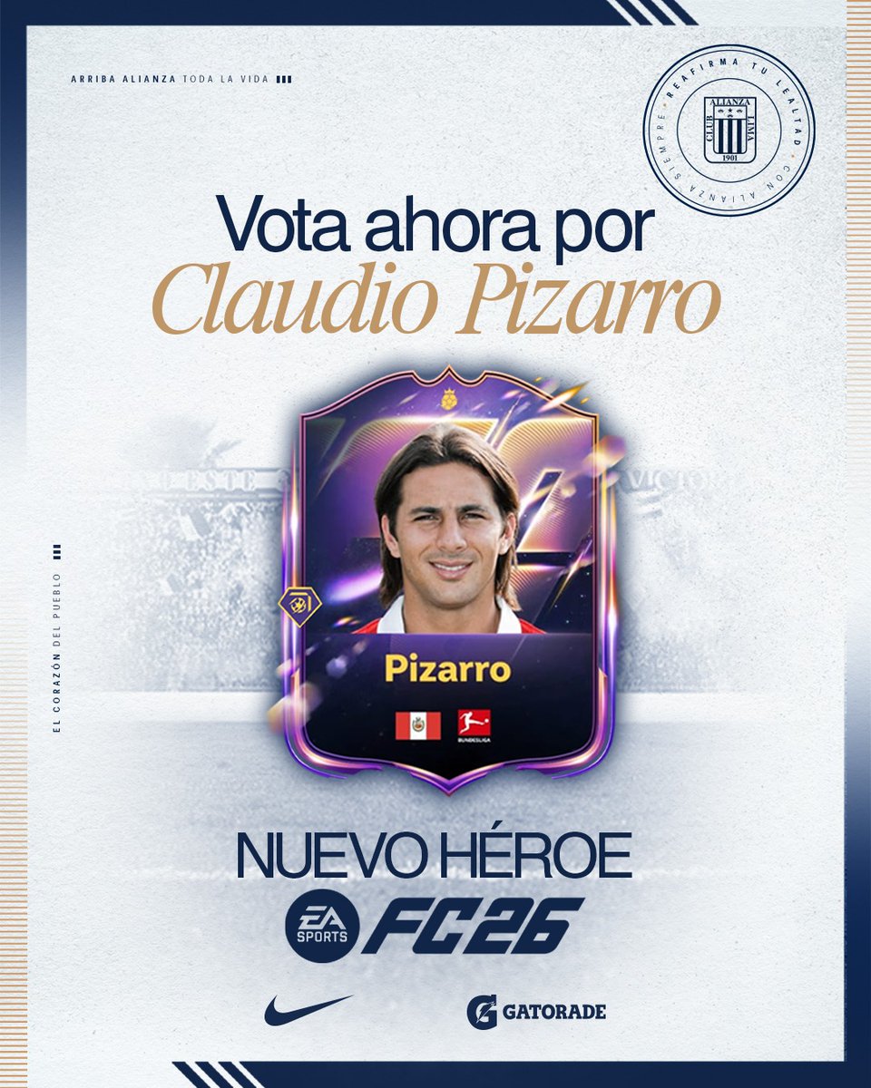 Alianza Lima Esports (@clubalesports) on Twitter photo ยก๐๐ ๐๐ข๐ ๐๐๐ฅ๐๐๐ฅ๐ข! ๐
Vota ahora por <a href="/pizarrinha/">Claudio Pizarro</a>, para ser un nuevo ๐ฏ๐ฌฬ๐น๐ถ๐ฌ en EA FC26. ๐ฎ
โก๏ธ ๐๐๐๐ ๐๐๐๐: x.ea.com/85719
#Gamers
#ConAlianzaSiempre ยก๐๐ ๐๐ข๐ ๐๐๐ฅ๐๐๐ฅ๐ข! ๐
Vota ahora por <a href="/pizarrinha/">Claudio Pizarro</a>, para ser un nuevo ๐ฏ๐ฌฬ๐น๐ถ๐ฌ en EA FC26. ๐ฎ
โก๏ธ ๐๐๐๐ ๐๐๐๐: x.ea.com/85719
#Gamers
#ConAlianzaSiempre