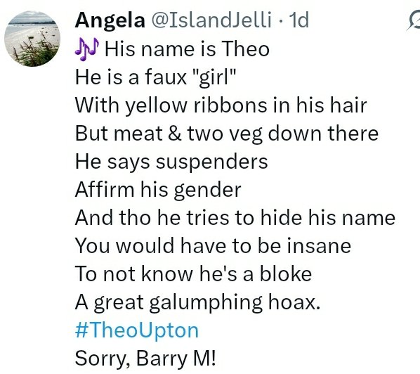Angela (@islandjelli) on Twitter photo <a href="/MrMennoTweets/">MrMenno 🏳️🌈🎶</a>
I imagined you performing this when I wrote it about #TheoUpton
😁😁😁
(Shld have written "But meat & 2 veg STILL down there" for the extra beat. 🙄) <a href="/MrMennoTweets/">MrMenno 🏳️🌈🎶</a>
I imagined you performing this when I wrote it about #TheoUpton
😁😁😁
(Shld have written "But meat & 2 veg STILL down there" for the extra beat. 🙄)