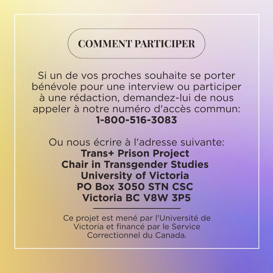We're coming to Québec!! Spread the word!! (French ver) 
#incarceratedlivesmatter #incarceratedlovedones #uvic #callforparticipants #research #canadianprisonsystem #trans #LGBTQ