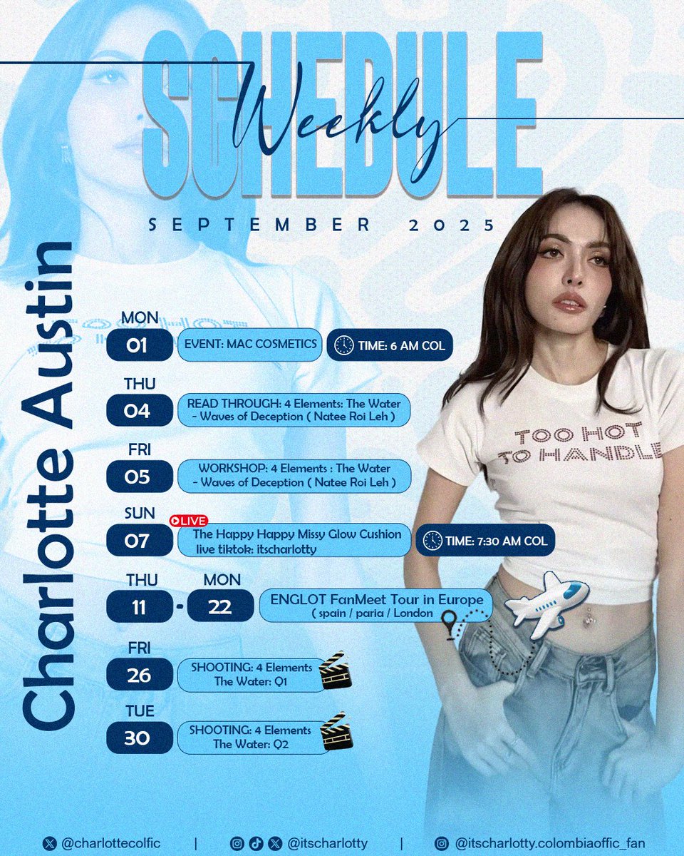 Charlotte Colombia Official Fan 🇨🇴 (@charlottecolfic) on Twitter photo 🌟💙🩵 CHARLOTTE WEEKLY SCHEDULE ON 01 - 30 September 2025 💙🩵🌟
⚠️ Charlotte and we will update to everyone later ⚠️
<a href="/itscharlotty/">Charlotte Austin</a>
HAPPY VIBES CHARLOTTE03
#ชาล็อตออสติน #CharlotteAustin 🌟💙🩵 CHARLOTTE WEEKLY SCHEDULE ON 01 - 30 September 2025 💙🩵🌟
⚠️ Charlotte and we will update to everyone later ⚠️
<a href="/itscharlotty/">Charlotte Austin</a>
HAPPY VIBES CHARLOTTE03
#ชาล็อตออสติน #CharlotteAustin