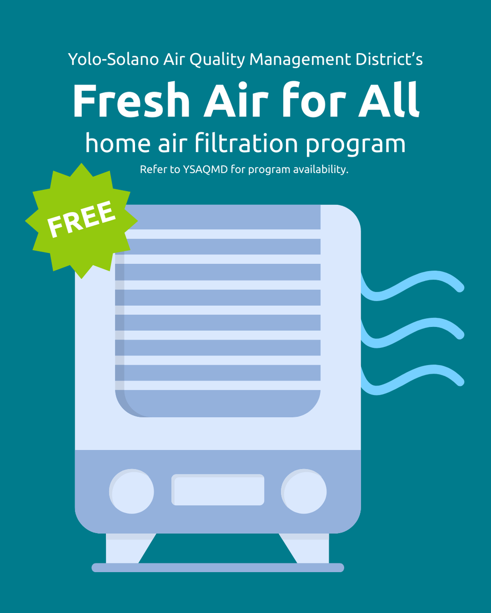 VCleanEnergy's tweet image. Keep your indoor air quality safe. Yolo‑Solano AQMD’s Fresh Air for All program offers free HEPA units to eligible households.
Learn more: zurl.co/UlljB
#CleanAir #FreshAirForAll #WeAreVCE
Tag: YSAQMD