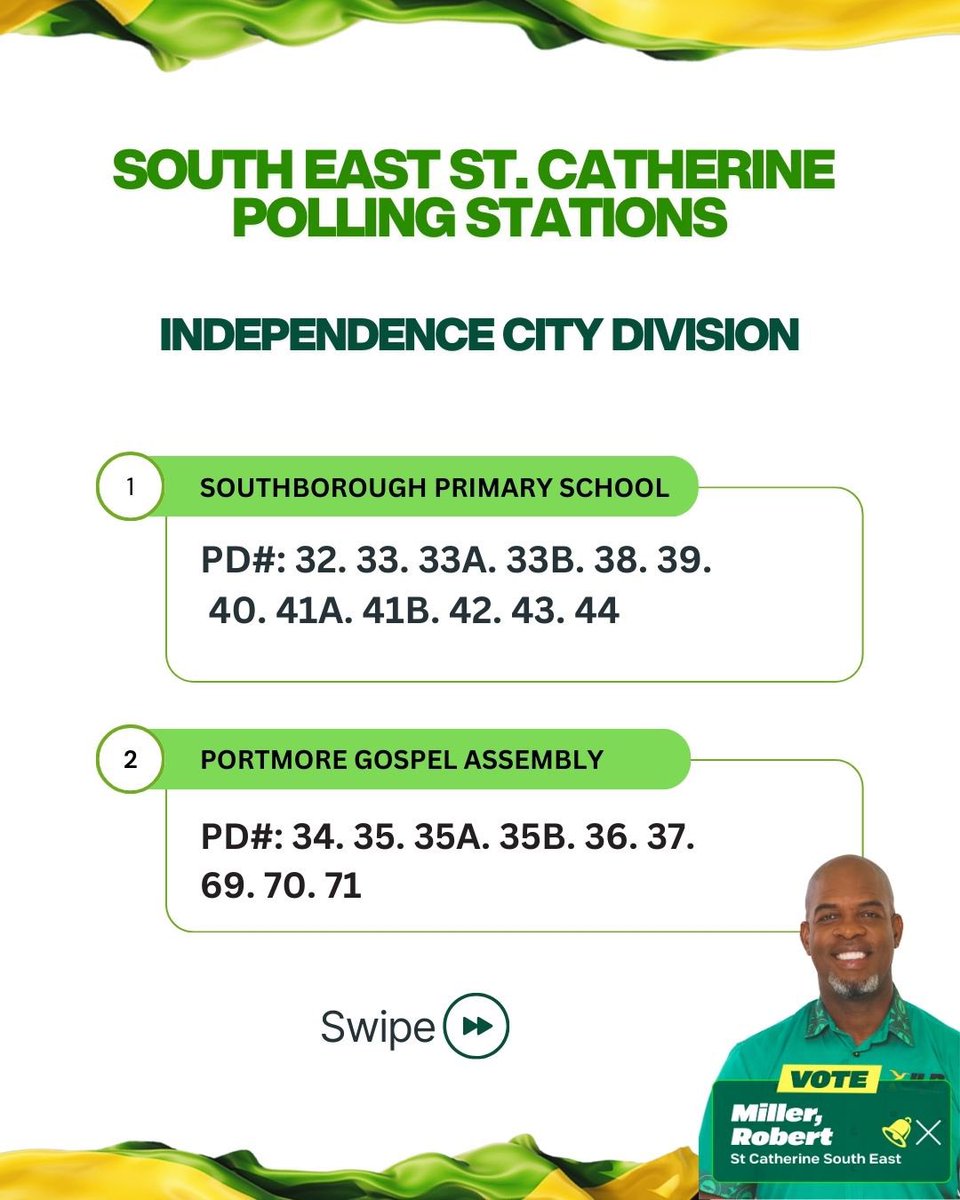🗳️ Know Your Polling Station – South East St. Catherine

🕖 7AM–5PM.

📍Here are the stations for all 5 divisions.
✅ Come out early and make your vote count! On Election Day, put your ❎ beside the BELL for Robert Miller &amp; the JLP!

🚨 Please check other post for the rest