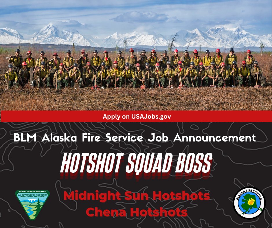 BLM_AFS's tweet image. 🔥 Now Hiring: Career Seasonal WG 5-7 Hotshot Squad Boss at BLM Alaska Fire Service in Fairbanks, AK! 💵$52,431 to - $80,541 per year. Apply: usajobs.gov/job/844603500 
#WeAreBLMAFS #NotYourOrdinaryJob