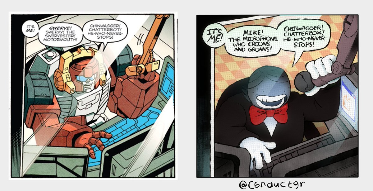 #DELTARUNE #battat 
transformers MTMTE (issue #13) panel redraw with battat
swerve reminds me too much of him lol