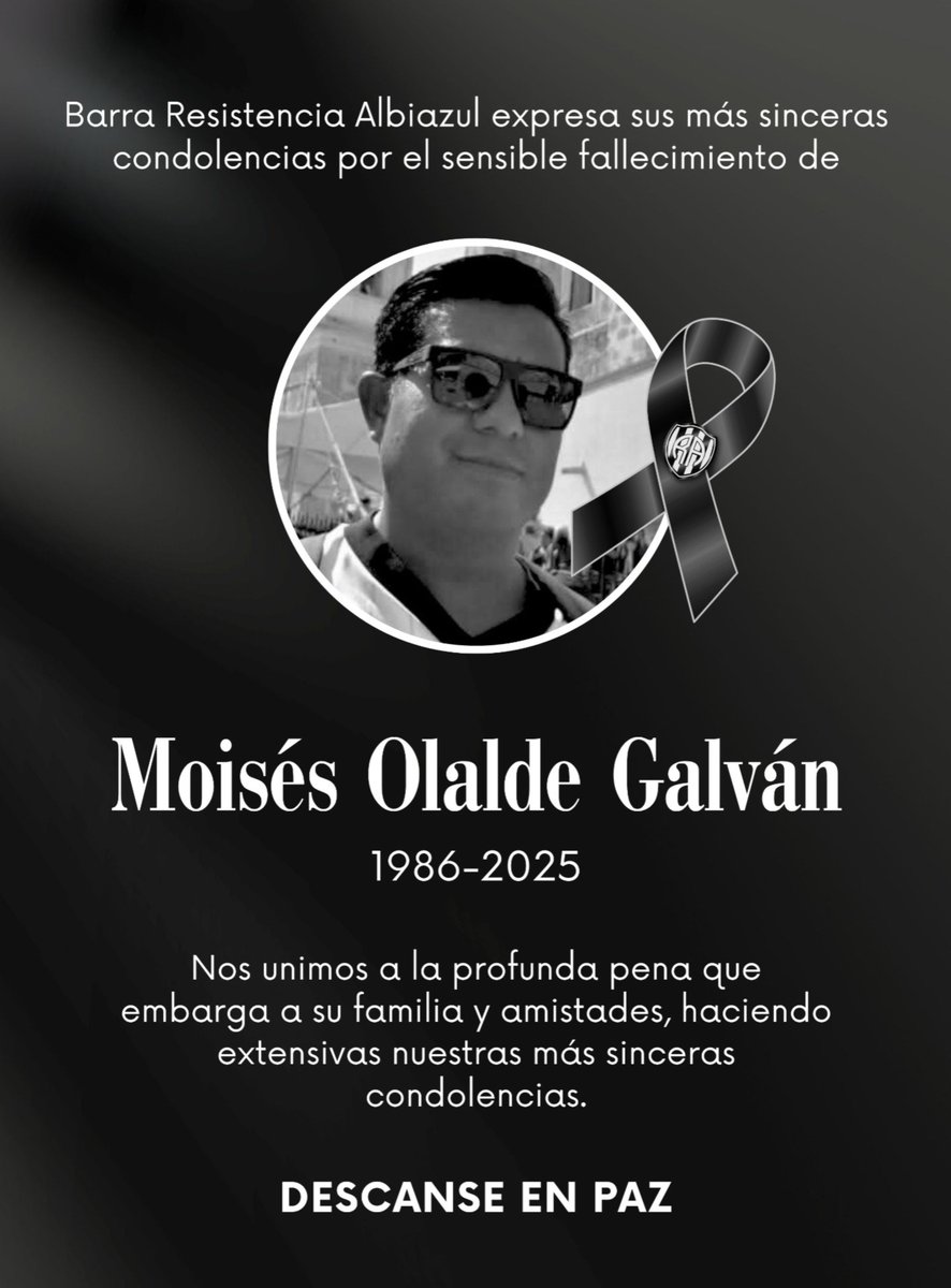 Lamentamos el sensible fallecimiento de nuestro amigo MOISES OLALDE GALVAN "MOY", integrante de la Barra Resistencia Albiazul, gran hincha, seguidor de Gallos Blancos.

Enviamos nuestras mas sinceras condolencias a sus familiares y amigos.

DESCANSA EN PAZ. 🔵⚫️