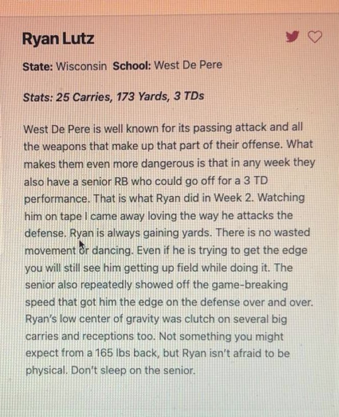 Thank you <a href="/MJ_NFLDraft/">Mark Johnson</a> for the write up!

<a href="/wdp_football/">West De Pere Football</a> <a href="/PrepRedzoneWI/">Prep Redzone Wisconsin</a>