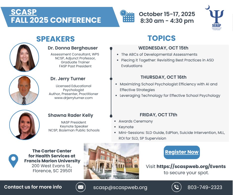 scschoolpsycs's tweet image. 📣IKYMI: SCASP has an amazing lineup for fall conference! 🤩 It’s just a month away. Register today!