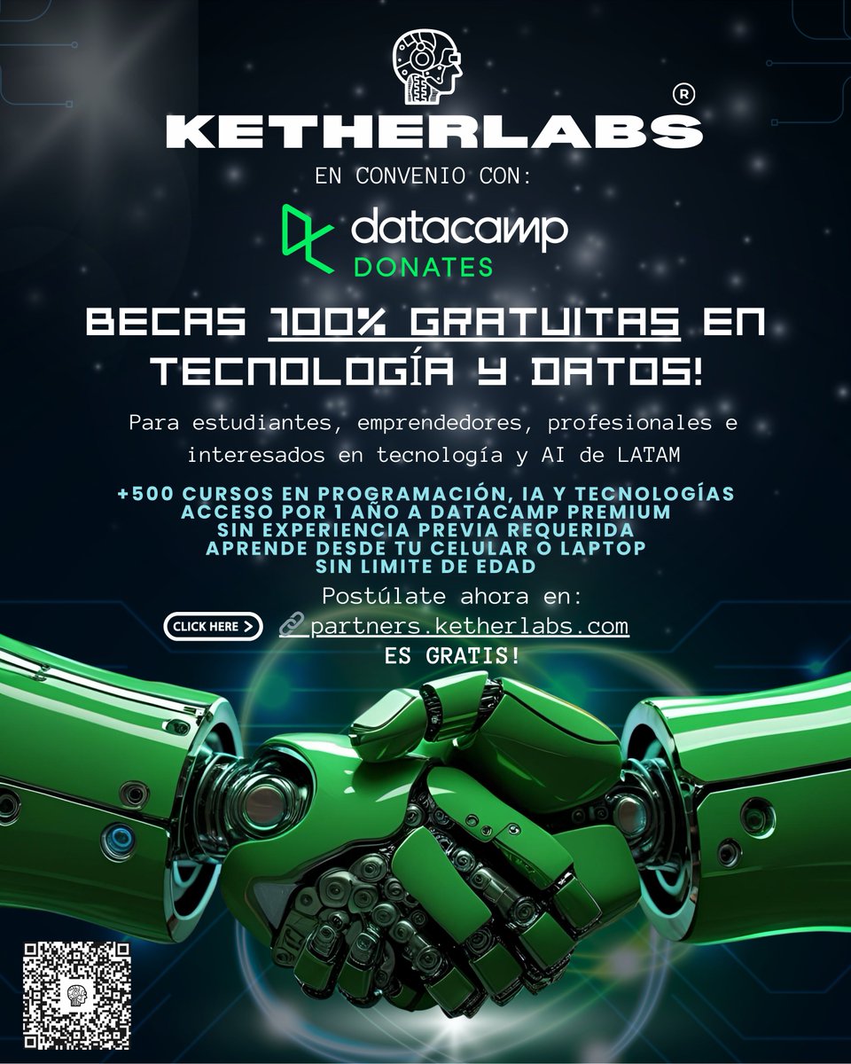 ketherlabs's tweet image. ¿Sabías que el 80% de las empresas Fortune 1000 usan DataCamp para capacitar a sus equipos? 💡 En KetherLabs, creemos que el acceso a la tecnología debe ser para todos, por eso nos aliamos con @DataCamp para ofrecerte becas premium 100% gratis por un año. ¡Sí, gratis! 🎉