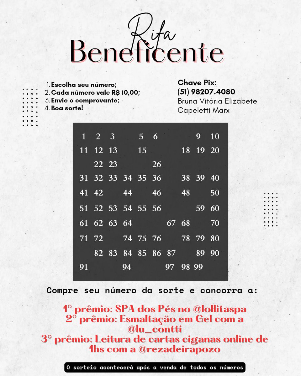 Oi, tudo bem? 🌷
Estou com uma rifa beneficente de R$ 10,00 o número, para me ajudar nesse momento do pós-cirúrgico 🙏

Além de me apoiar, você ainda concorre a prêmios incríveis 🎁✨
📲 Pix: (51) 98207-4080 – Bruna Vitória
Se não puder participar agora, compartilhar ajuda mto 💌