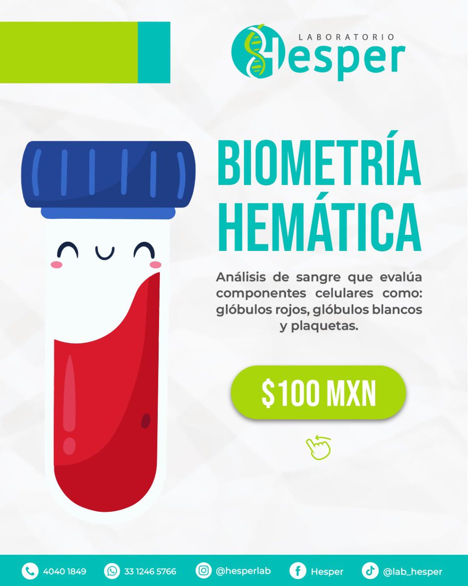Hesperlab's tweet image. ¿𝗤𝘂𝗲́ 𝗲𝘀 𝘂𝗻𝗮 𝗯𝗶𝗼𝗺𝗲𝘁𝗿𝗶́𝗮 𝗵𝗲𝗺𝗮́𝘁𝗶𝗰𝗮? 🩸 

En 𝗟𝗮𝗯𝗼𝗿𝗮𝘁𝗼𝗿𝗶𝗼 𝗛𝗲𝘀𝗽𝗲𝗿 te cuidamos desde adentro. La biometría hemática es un análisis de sangre que evalúa tus glóbulos rojos, blancos y plaquetas, ayudando a detectar desde infecciones hasta anemia