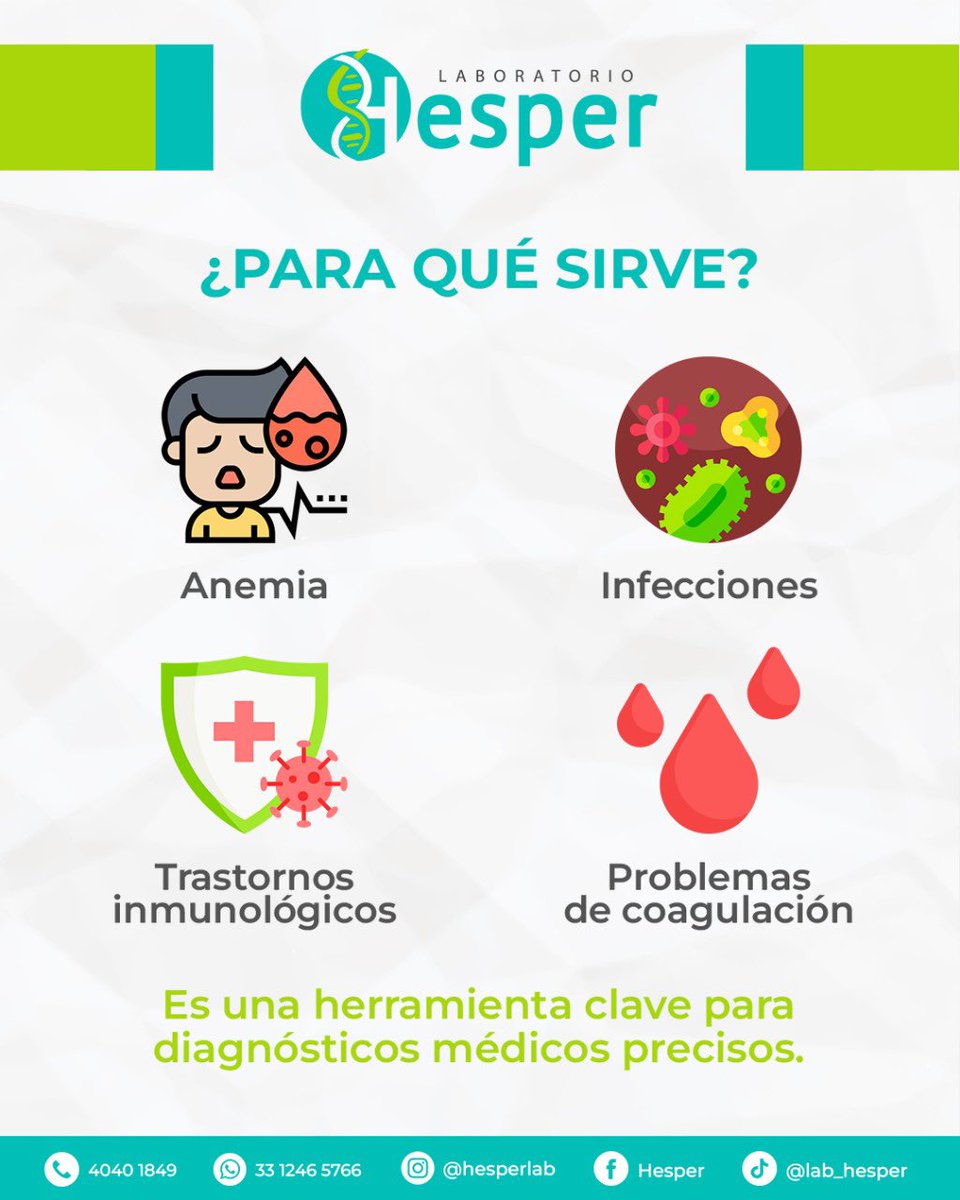 Hesperlab's tweet image. ¿𝗤𝘂𝗲́ 𝗲𝘀 𝘂𝗻𝗮 𝗯𝗶𝗼𝗺𝗲𝘁𝗿𝗶́𝗮 𝗵𝗲𝗺𝗮́𝘁𝗶𝗰𝗮? 🩸 

En 𝗟𝗮𝗯𝗼𝗿𝗮𝘁𝗼𝗿𝗶𝗼 𝗛𝗲𝘀𝗽𝗲𝗿 te cuidamos desde adentro. La biometría hemática es un análisis de sangre que evalúa tus glóbulos rojos, blancos y plaquetas, ayudando a detectar desde infecciones hasta anemia