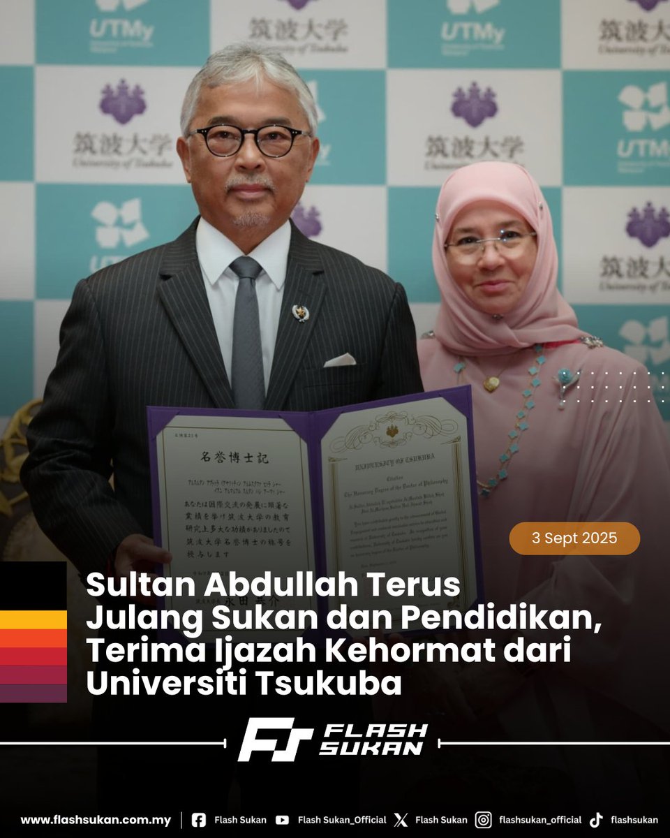 FlashSukan's tweet photo. Pengiktirafan bermakna buat Sultan Abdullah 👑
Ijazah Kehormat Falsafah daripada Universiti Tsukuba jadi bukti jasa Baginda dalam sukan dan pendidikan terus dihargai.

https://t.co/iRU03QFXRn

#SultanAbdullah #UniversitiTsukuba #Pendidikan #Sukan #MalaysiaJepun https://t.co/GUIUXzs3xy