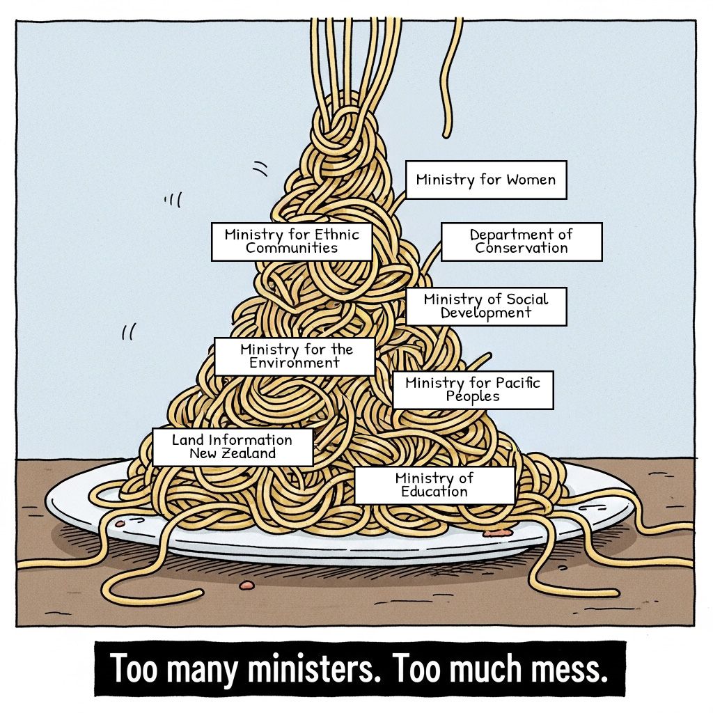 Government spaghetti: too many ministers, too much mess. Time to end the ministerial maze.