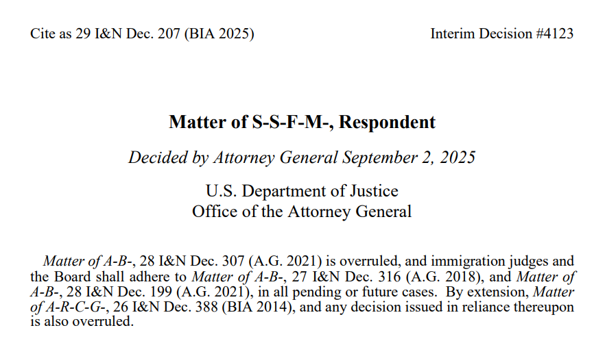 🚨NEW: AG Bondi reinstated two precedent decisions from Trump's first term (Matter of A-B- and Matter of L-E-A-) that aim to end asylum for victims of domestic violence from countries unwilling or unable to protect them and asylum for people targeted on the basis of family ties.