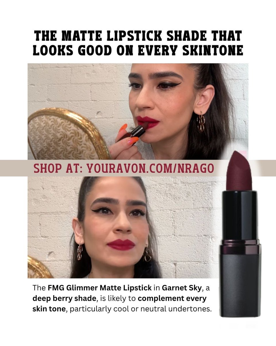 AvonLadyNJ's tweet photo. Looks bold in the tube—but goes on berry-beautiful. 💋
fmg Glimmer Matte in Garnet Sky: rich velvet-matte, buildable, and flattering on every skin tone. A best seller for a reason.
👉 https://t.co/jbcgt0juQb
#BerryBeautiful #EffortlessBeauty 💄 https://t.co/c1HpsoYsHf