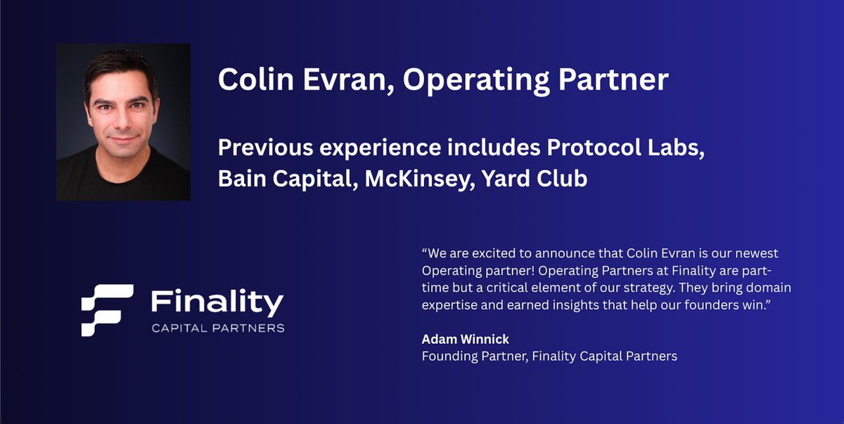adam_winnick's tweet image. We have a new operating partner @FinalityCap! Please join me in welcoming @colinevran who will advise our founders on how to scale. The blockchain industry is going mainstream. With Colin, Finality can help our founders do the same.
