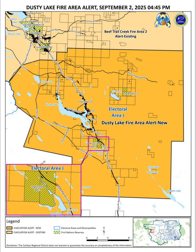 EmergencyInfoBC's tweet photo. The Cariboo Regional District has issued an Evacuation Alert for the Dusty Lake area due to #BCWildfire. Impacted people must be ready to leave on short notice. More info & map: https://t.co/sQlASEP6fL #BC
