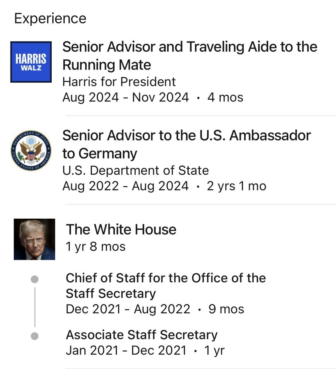 EndWokeness's tweet image. Biden staffers now all have Trump's face on their LinkedIn after a WH profile pic update