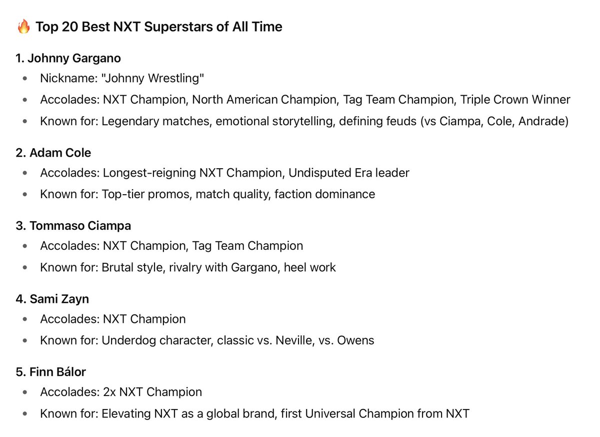This is ChatGPT's Top 5.

Asuka was #6.

#NXT #NXTonCW #WeAreNXT #WWENXT