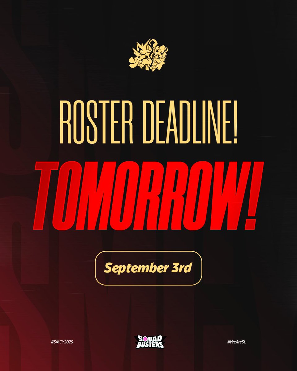 🔴 𝐒𝐌𝐂𝐘 𝐑𝐀𝐍𝐊𝐄𝐃𝐒 𝐄𝐃𝐈𝐓𝐈𝐎𝐍 ⚔️
🎯 𝐑𝐨𝐬𝐭𝐞𝐫 𝐃𝐞𝐚𝐝𝐥𝐢𝐧𝐞 ⏳

LA EDICIÓN RANKEDS ARRANCA ESTE SÁBADO 🔥⚔️

👥 Los 10 equipos tienen hasta mañana para enviar su roster oficial de 8 jugadores.

🇺🇦 <a href="/BasedElephants_/">BasedElephants</a>
🇧🇷 <a href="/CDE_SB/">Corvos de Execução</a>
🇩🇴 <a href="/goesportsrd/">Game Over eSports</a>
🇮🇳 <a href="/Royal_ChampS_/">Royal Champs</a>
🇺🇸