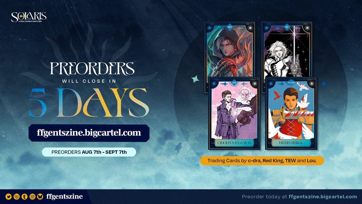 ☀️ PREORDERS 5 DAYS REMAINING ⚔️

Just 5 days of POs remaining. Stop by for your own copy of these trading cards featuring the gents of FF14, FF15, FF16 &amp; FF Tactics! Beautifully illustrated by c-dra <a href="/KingOfRedDragon/">Red King</a> <a href="/TEW_Artist/">T.E.W.</a>  and <a href="/catiuapavel/">Lou (link🌳 in bio)</a> 💙

🛒 ffgentszine.bigcartel.com