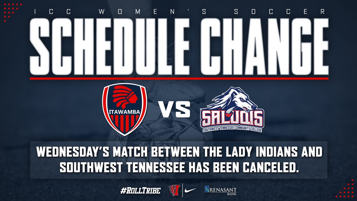 #ICCWSC SCHEDULE CHANGE: Wednesday's match between the Lady Indians and Southwest Tennessee has been canceled. #RollTribe