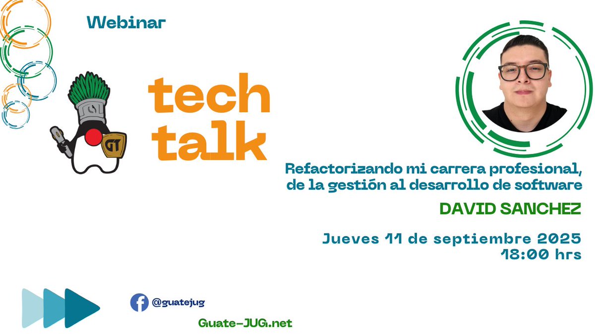 guatejug's tweet image. 💬 Del liderazgo al teclado: ¡5 claves para perder el miedo a programar!

En esta sesión de #TechTalks David Sánchez nos compartirá su transición de líder Agile a su actual rol como desarrollador.

🗓️ Jueves 11 de septiembre 
🕕 6 PM 🇬🇹 (GMT-6)
🔴 FB/guatejug

#RoadToJConf2025