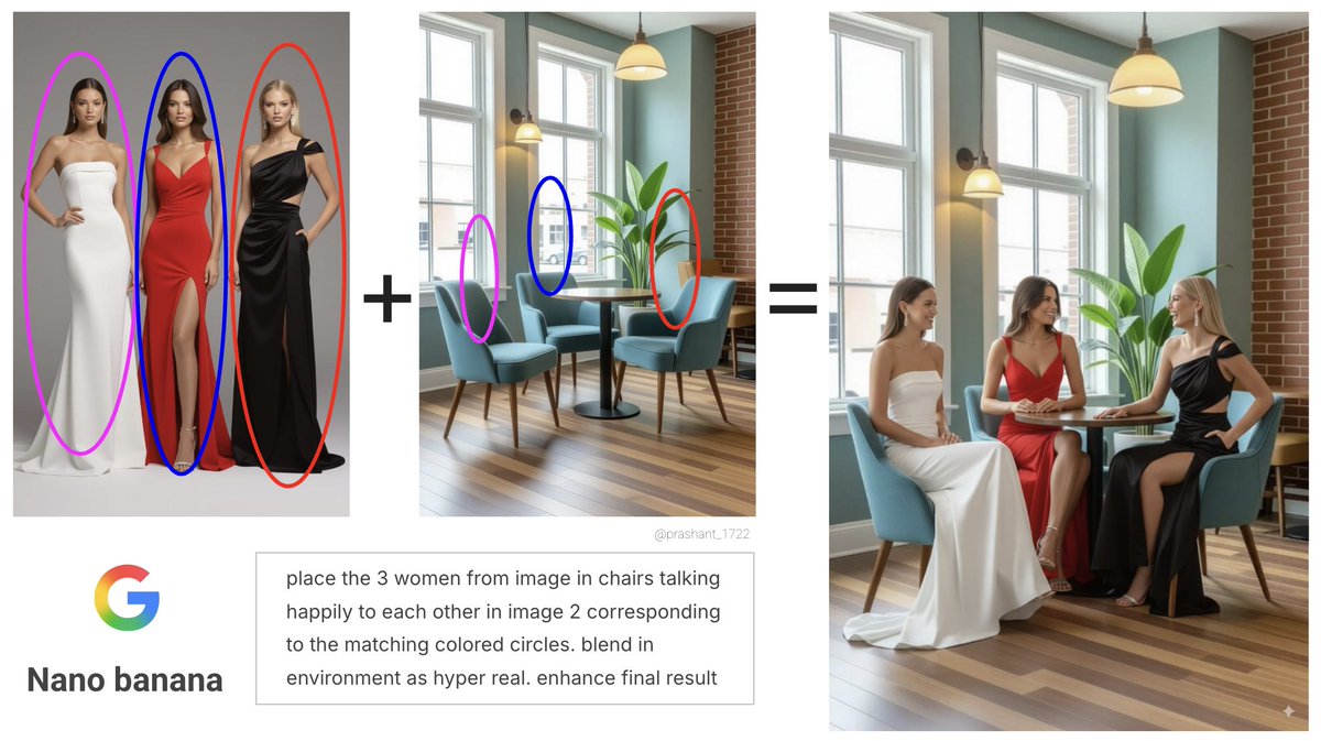 Prashant_1722's tweet image. MUST TRY 🚨 Google nano banana is incredible in this insane use case
Get hyper realistic blended environments across multiple images and people
- draw colored circles in existing images
- prompt in simple english
The detail retention is exceptional.