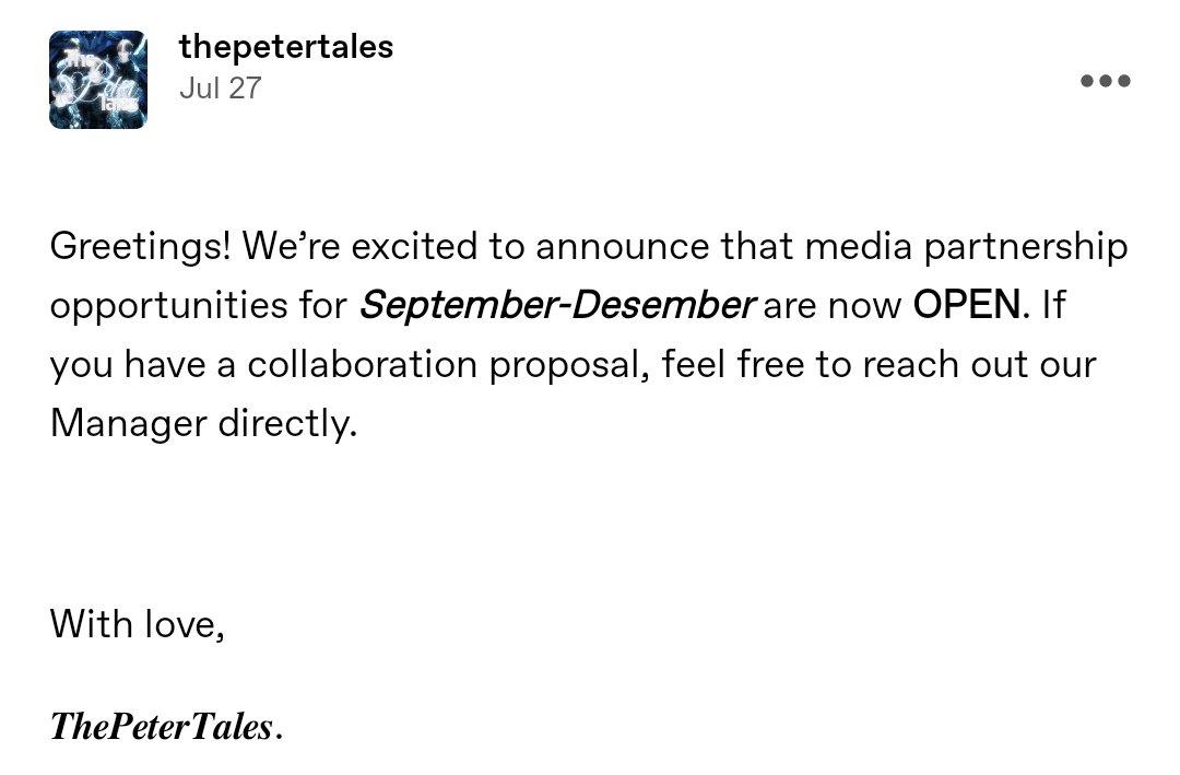 ㅤㅤㅤ
|˶˙ᵕ˙ )ﾉﾞ𝙝𝙚𝙡𝙡𝙤, media partnership! Boleh dibantu sebarkan ya, status media partner kami sudah 𝙊𝙋𝙀𝙉, boleh langsung kirimkan proposal ke DM manager kami, jangan lupa mention sesudah mengirim proposal. ฅ՞•ﻌ•՞ฅ
ㅤㅤㅤ