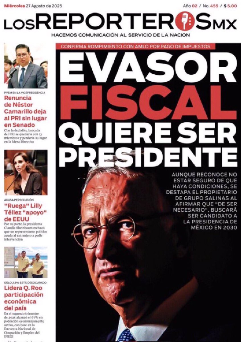 Conta Cuentos (@jesus163429) on Twitter photo <a href="/CodigoMagentaMx/">Código Magenta</a> <a href="/RicardoBSalinas/">Don Ricardo Salinas Pliego</a> <a href="/SCJN/">Suprema Corte</a> 🚨 Mientras la Presidenta Sheinbaum da lecciones de estadista.
La oposición apátrida, alarazkiana, trumpista y rivapayaseante, no deja de humillarse.
🚫Primero por coraje, segundo por capricho y ya luego por placer. 
#PolíticaCero #DéjenseAhí #NoMaMarx ?
De: <a href="/jairocalixto/">Jairo Calixto</a> <a href="/CodigoMagentaMx/">Código Magenta</a> <a href="/RicardoBSalinas/">Don Ricardo Salinas Pliego</a> <a href="/SCJN/">Suprema Corte</a> 🚨 Mientras la Presidenta Sheinbaum da lecciones de estadista.
La oposición apátrida, alarazkiana, trumpista y rivapayaseante, no deja de humillarse.
🚫Primero por coraje, segundo por capricho y ya luego por placer. 
#PolíticaCero #DéjenseAhí #NoMaMarx ?
De: <a href="/jairocalixto/">Jairo Calixto</a>