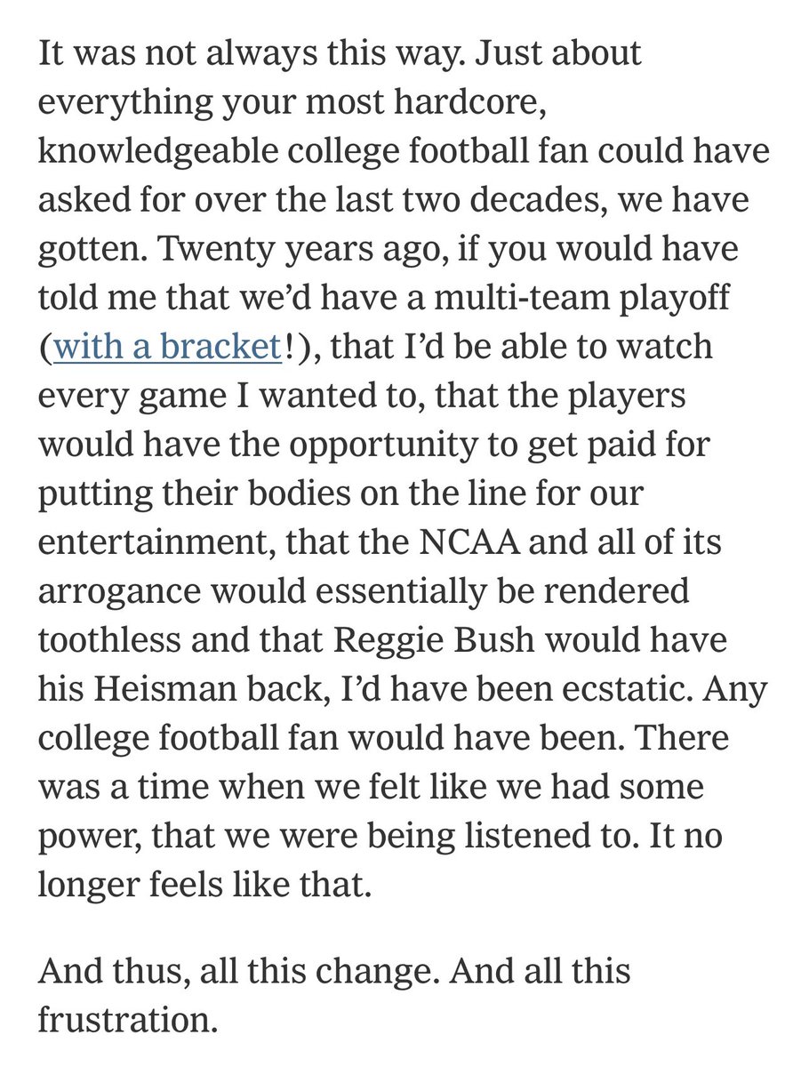 If there ever does come a time when fans stop watching college football/college sports (which certainly isn’t today and probably never happens), it won’t be because players are paid or able to switch teams.

It will likely be because of what is described in these passages.