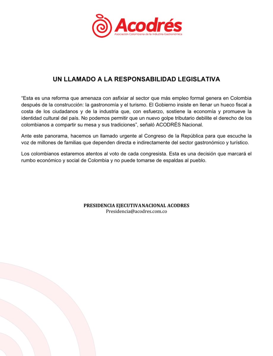 “Esta nuevo proyecto de financiamiento es sin duda otro golpe directo a la mesa de los colombianos” Acodres Nacional
<a href="/AcodresCo/">Acodrés</a> <a href="/MinHacienda/">MinHacienda</a> <a href="/infopresidencia/">Presidencia Colombia 🇨🇴</a>