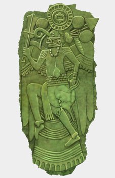 DrGregLittle2's tweet photo. "Illustration of the so-called "Copper Solar Ogee Deity," a 21 inches high Mississippian culture embossed copper plate. It depicts the profile of a dancing winged figure, wielding a ceremonial mace in its right hand and a severed head in the left. The plate was discovered at the Lake Jackson Mounds site in northern Florida. On his head he is bearing an ogee motif and instead of the raptor beak common to other birdman representations, the figure on this plate has a curled proboscis which is similar to those found on several shell gorgets from Missouri and long-nosed god maskettes." From: Wiki CC by-SA 4.0 by Herb Roe.