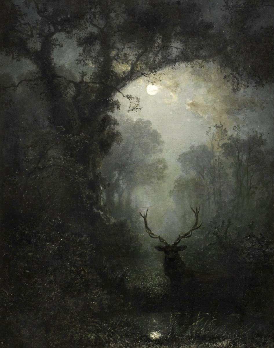 'Red Deer in Moonlight Landscape' by Eugen Krüger
