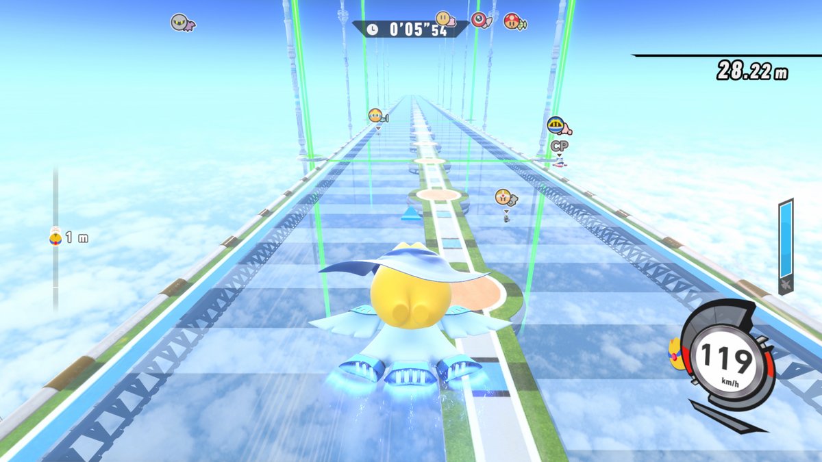 Leap off the jump ramp in the Air Glider Stadium. Whoever flies the farthest wins, so use your built up glide stat to go as far as you can! #KirbyAirRiders