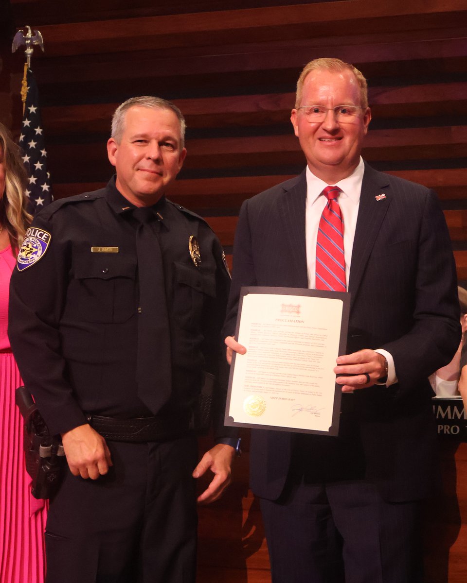 At tonight's City Council meeting Mayor <a href="/JeffCheney/">Jeff Cheney</a> recognized "Jeff Inmon Day" in honor of Lt. Inmon's 20 Years of Service to the City of Frisco and 👮‍♂️ <a href="/FriscoPD/">Frisco Police</a>.  Lt. Inmon was joined by his family who joined in the celebration of his dedication and service ❤️ to our community.